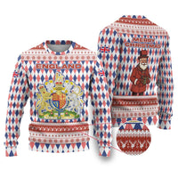 England Christmas Ugly Christmas Sweater with Red Blue White Diamond Pattern Santa and Coat of Arms - Wonder Print Shop
