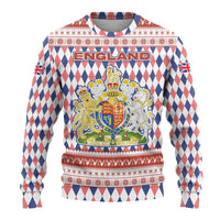 England Christmas Ugly Christmas Sweater with Red Blue White Diamond Pattern Santa and Coat of Arms - Wonder Print Shop