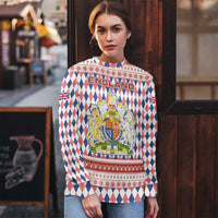 England Christmas Ugly Christmas Sweater with Red Blue White Diamond Pattern Santa and Coat of Arms - Wonder Print Shop