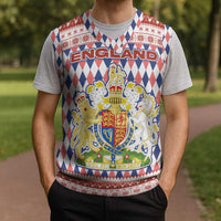 England Christmas Knitted V-Neck Vest with Red Blue White Diamond Pattern Santa and Coat of Arms - Wonder Print Shop