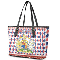 England Christmas Leather Tote Bag with Red Blue White Diamond Pattern Santa and Coat of Arms - Wonder Print Shop