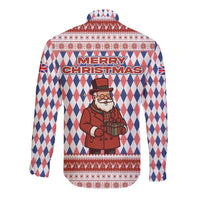 England Christmas Long Sleeve Button Shirt with Red Blue White Diamond Pattern Santa and Coat of Arms - Wonder Print Shop