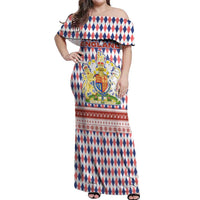 England Christmas Off Shoulder Maxi Dress with Red Blue White Diamond Pattern Santa and Coat of Arms - Wonder Print Shop