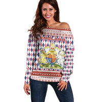 England Christmas Off Shoulder Sweater with Red Blue White Diamond Pattern Santa and Coat of Arms - Wonder Print Shop