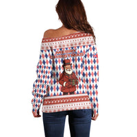 England Christmas Off Shoulder Sweater with Red Blue White Diamond Pattern Santa and Coat of Arms - Wonder Print Shop