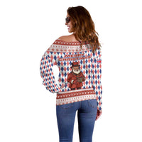 England Christmas Off Shoulder Sweater with Red Blue White Diamond Pattern Santa and Coat of Arms - Wonder Print Shop