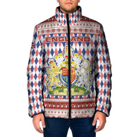 England Christmas Padded Jacket with Red Blue White Diamond Pattern Santa and Coat of Arms - Wonder Print Shop
