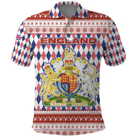 England Christmas Polo Shirt with Red Blue White Diamond Pattern Santa and Coat of Arms - Wonder Print Shop