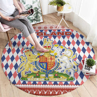 England Christmas Round Carpet with Red Blue White Diamond Pattern Santa and Coat of Arms - Wonder Print Shop