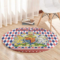 England Christmas Round Carpet with Red Blue White Diamond Pattern Santa and Coat of Arms - Wonder Print Shop