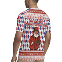 England Christmas Rugby Jersey with Red Blue White Diamond Pattern Santa and Coat of Arms - Wonder Print Shop