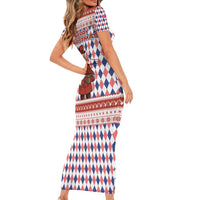 England Christmas Short Sleeve Bodycon Dress with Red Blue White Diamond Pattern Santa and Coat of Arms - Wonder Print Shop