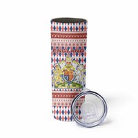 England Christmas Skinny Tumbler with Red Blue White Diamond Pattern Santa and Coat of Arms - Wonder Print Shop