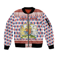 England Christmas Sleeve Zip Bomber Jacket with Red Blue White Diamond Pattern Santa and Coat of Arms - Wonder Print Shop