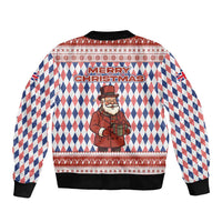 England Christmas Sleeve Zip Bomber Jacket with Red Blue White Diamond Pattern Santa and Coat of Arms - Wonder Print Shop