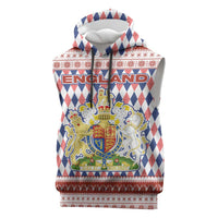 England Christmas Sleeveless Hoodie with Red Blue White Diamond Pattern Santa and Coat of Arms - Wonder Print Shop