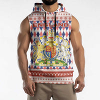 England Christmas Sleeveless Hoodie with Red Blue White Diamond Pattern Santa and Coat of Arms - Wonder Print Shop