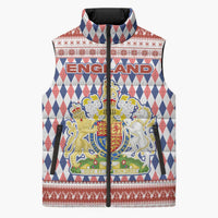 England Christmas Sleeveless Puffer Jacket with Red Blue White Diamond Pattern Santa and Coat of Arms - Wonder Print Shop