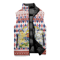 England Christmas Sleeveless Puffer Jacket with Red Blue White Diamond Pattern Santa and Coat of Arms - Wonder Print Shop