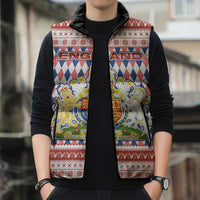 England Christmas Sleeveless Puffer Jacket with Red Blue White Diamond Pattern Santa and Coat of Arms - Wonder Print Shop