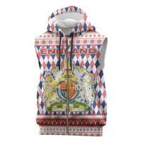 England Christmas Sleeveless Zip Hoodie with Red Blue White Diamond Pattern Santa and Coat of Arms - Wonder Print Shop