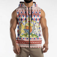 England Christmas Sleeveless Zip Hoodie with Red Blue White Diamond Pattern Santa and Coat of Arms - Wonder Print Shop
