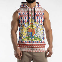 England Christmas Sleeveless Zip Hoodie with Red Blue White Diamond Pattern Santa and Coat of Arms - Wonder Print Shop
