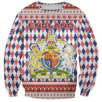 England Christmas Sweatshirt with Red Blue White Diamond Pattern Santa and Coat of Arms - Wonder Print Shop