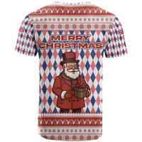 England Christmas T Shirt with Red Blue White Diamond Pattern Santa and Coat of Arms - Wonder Print Shop