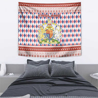 England Christmas Tapestry with Red Blue White Diamond Pattern Santa and Coat of Arms - Wonder Print Shop