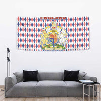 England Christmas Tapestry with Red Blue White Diamond Pattern Santa and Coat of Arms - Wonder Print Shop