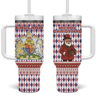 England Christmas Tumbler With Handle with Red Blue White Diamond Pattern Santa and Coat of Arms - Wonder Print Shop