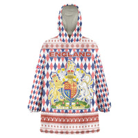 England Christmas Wearable Blanket Hoodie with Red Blue White Diamond Pattern Santa and Coat of Arms - Wonder Print Shop