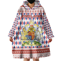 England Christmas Wearable Blanket Hoodie with Red Blue White Diamond Pattern Santa and Coat of Arms - Wonder Print Shop