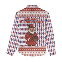 England Christmas Women Casual Shirt with Red Blue White Diamond Pattern Santa and Coat of Arms - Wonder Print Shop