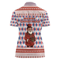 England Christmas Women Polo Shirt with Red Blue White Diamond Pattern Santa and Coat of Arms - Wonder Print Shop