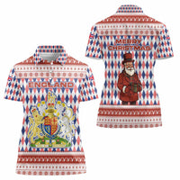 England Christmas Women Polo Shirt with Red Blue White Diamond Pattern Santa and Coat of Arms - Wonder Print Shop