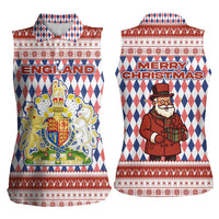 England Christmas Women Sleeveless Polo Shirt with Red Blue White Diamond Pattern Santa and Coat of Arms - Wonder Print Shop