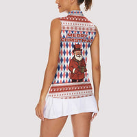 England Christmas Women Sleeveless Polo Shirt with Red Blue White Diamond Pattern Santa and Coat of Arms - Wonder Print Shop