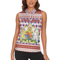 England Christmas Women Sleeveless Polo Shirt with Red Blue White Diamond Pattern Santa and Coat of Arms - Wonder Print Shop
