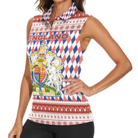 England Christmas Women Sleeveless Polo Shirt with Red Blue White Diamond Pattern Santa and Coat of Arms - Wonder Print Shop