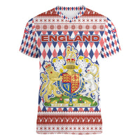 England Christmas Women V-Neck T-Shirt with Red Blue White Diamond Pattern Santa and Coat of Arms - Wonder Print Shop