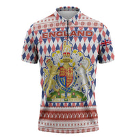 England Christmas Zipper Polo Shirt with Red Blue White Diamond Pattern Santa and Coat of Arms - Wonder Print Shop