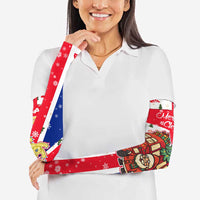 England Christmas Arm Sleeves with Red White Blue Santa Bus Tree and Three Lions Design - Wonder Print Shop