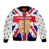England Christmas Bomber Jacket with Red White Blue Santa Bus Tree and Three Lions Design - Wonder Print Shop