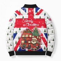 England Christmas Bomber Puffer Jacket with Red White Blue Santa Bus Tree and Three Lions Design - Wonder Print Shop