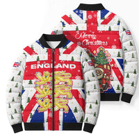 England Christmas Bomber Puffer Jacket with Red White Blue Santa Bus Tree and Three Lions Design - Wonder Print Shop