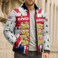 England Christmas Bomber Puffer Jacket with Red White Blue Santa Bus Tree and Three Lions Design - Wonder Print Shop