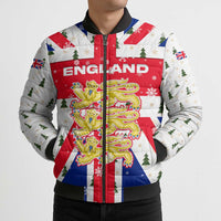 England Christmas Bomber Puffer Jacket with Red White Blue Santa Bus Tree and Three Lions Design - Wonder Print Shop