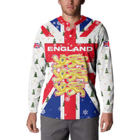England Christmas Button Sweatshirt with Red White Blue Santa Bus Tree and Three Lions Design - Wonder Print Shop